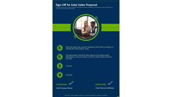 Sign Off For Solar Sales Proposal One Pager Sample Example Document