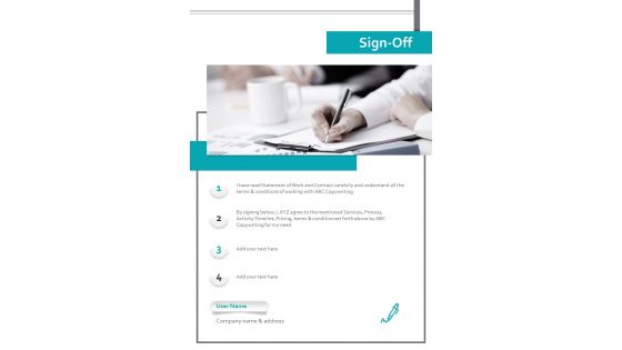 Sign Off Freelance Copywriting Proposal One Pager Sample Example Document