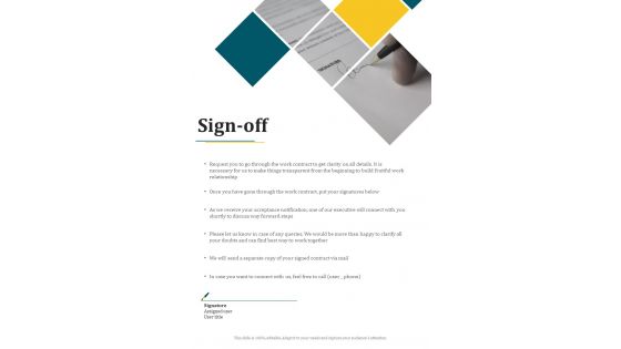 Sign Off Marketing And Its Future Metrics Proposal One Pager Sample Example Document