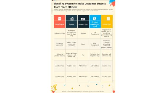 Signaling System To Make Customer Success Team One Pager Sample Example Document