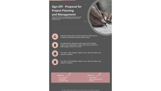 Signoff Proposal For Project Planning And Management One Pager Sample Example Document