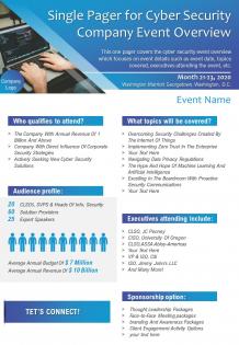 Single pager for cyber security company event overview report ppt pdf document