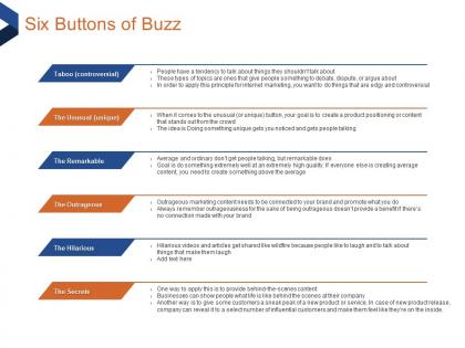 Six buttons of buzz the hilarious ppt powerpoint presentation outline graphics template