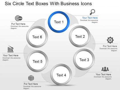 Six circle text boxes with business icons powerpoint template slide