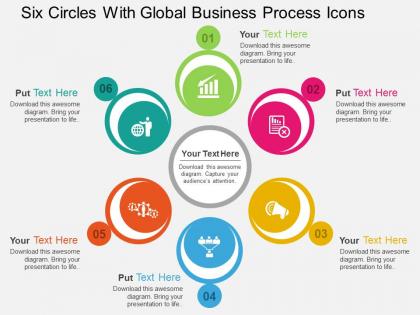 Six circles with global business process icons flat powerpoint design
