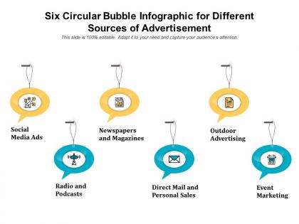 Six circular bubble infographic for different sources of advertisement