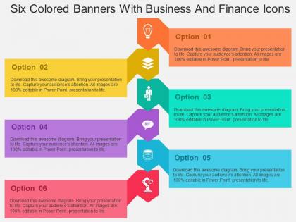 Six colored banners with business and finance icons flat powerpoint design