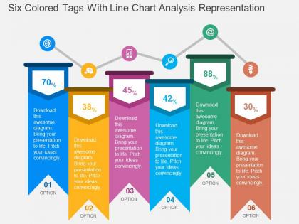 Six colored tags with line chart analysis representation flat powerpoint design