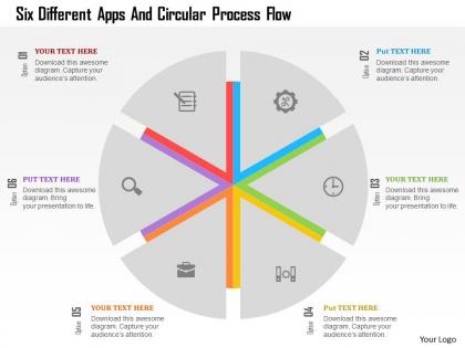Six different apps and circular process flow flat powerpoint design