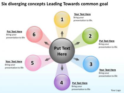 Six diverging concepts leading towards common goal arrows network software powerpoint slides