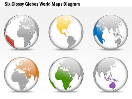 Six glossy globes world map diagram ppt presentation slides