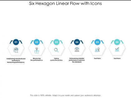 Six hexagon linear flow with icons