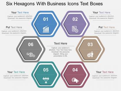 Six hexagons with business icons text boxes flat powerpoint design