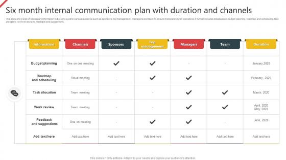 Six Month Internal Communication Plan With Duration And Channels