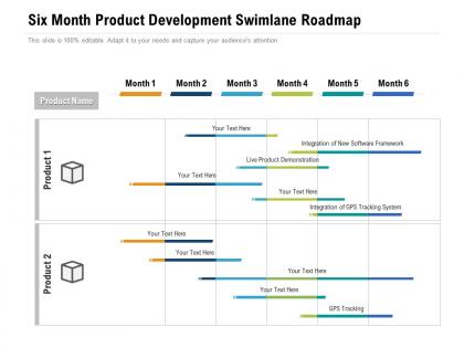 Six month product development swimlane roadmap