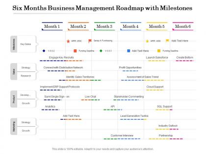 Six months business management roadmap with milestones