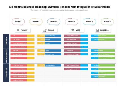 Six months business roadmap swimlane timeline with integration of departments