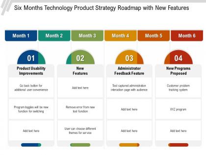 Six months technology product strategy roadmap with new features