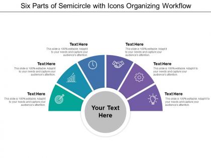 Six parts of semicircle with icons organizing workflow