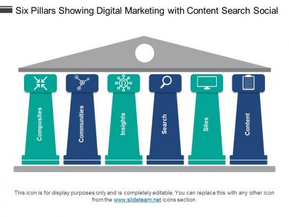 Six pillars showing digital marketing with content search social