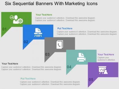 Six sequential banners with marketing icons flat powerpoint design