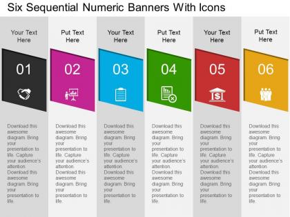 Six sequential numeric banners with icons flat powerpoint design