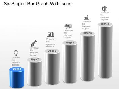Six staged bar graph with icons powerpoint template slide