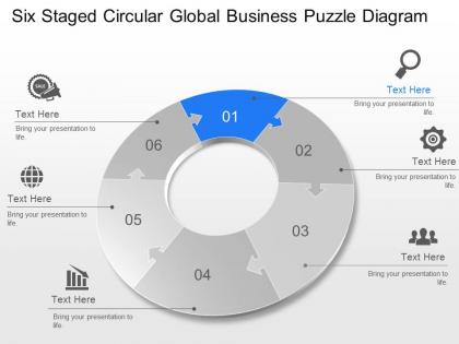 Six staged circular global business puzzle diagram powerpoint template slide