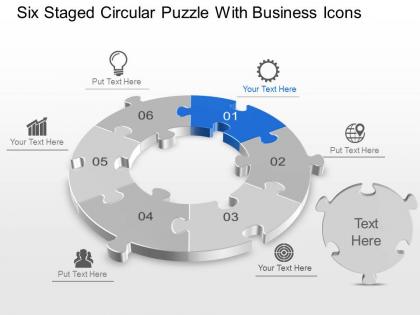 Six staged circular puzzle with business icons powerpoint template slide