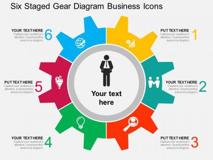 Six staged gear diagram business icons flat powerpoint design