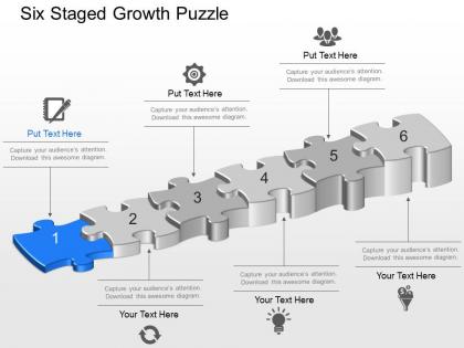 Six staged growth puzzle powerpoint template slide