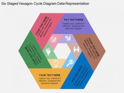 Six staged hexagon cycle diagram data representation flat powerpoint design
