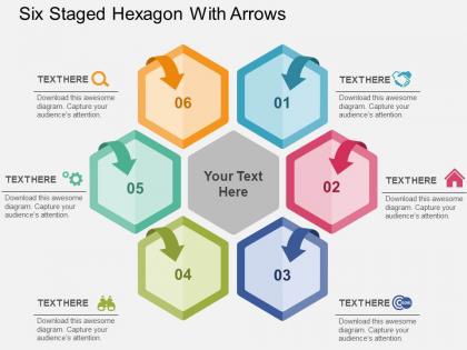 Six staged hexagon with arrows flat powerpoint design