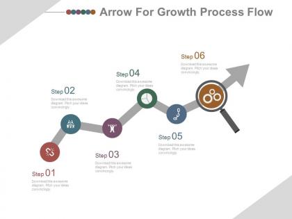 Six staged icons growth arrow for process flow powerpoint slides