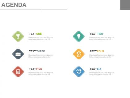 Six staged icons tags for business agenda powerpoint slide