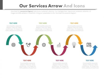 Six staged our services arrow and icons flat powerpoint design