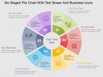 Six staged pie chart with text boxes and business icons flat powerpoint design