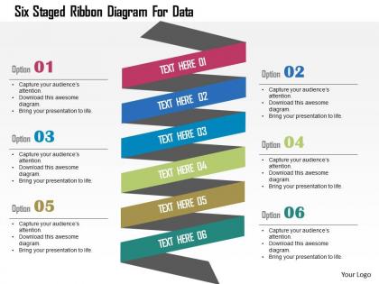 Six staged ribbon diagram for data flat powerpoint design