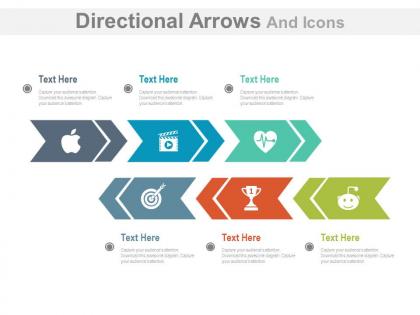 Six staged same directional arrows and icons for business target analysis flat powerpoint design