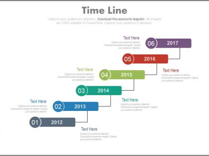 Six staged sequential timeline with years powerpoint slides