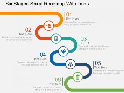 Six staged spiral roadmap with icons flat powerpoint design