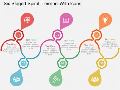Six staged spiral timeline with icons flat powerpoint design