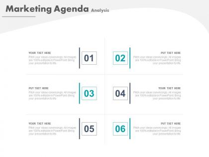 Six staged tags for marketing agenda analysis powerpoint slide