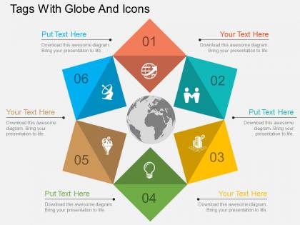 Six staged tags with globe and icons ppt presentation slides