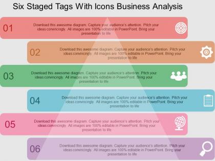 Six staged tags with icons business analysis flat powerpoint design