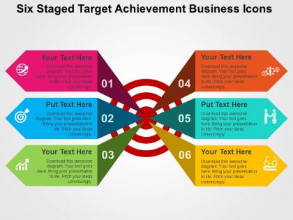 Six staged target achievement business icons flat powerpoint design
