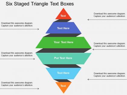 Six staged triangle text boxes flat powerpoint design