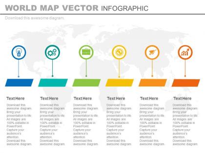 Six staged world map tags and icons powerpoint slides