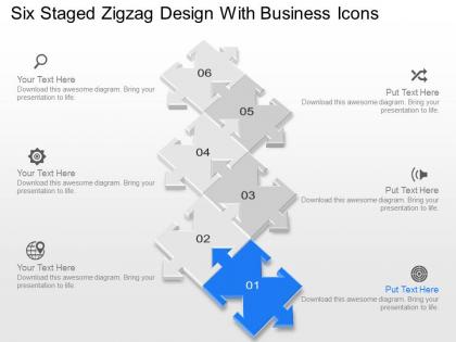 Six staged zigzag design with business icons powerpoint template slide