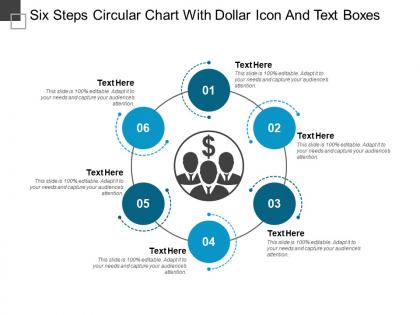 Six steps circular chart with dollar icon and text boxes